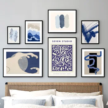 Námornícka Modrá Abstraktné Kvet Geometrické Línie Vlny Plagáty A Tlačí Na Steny Umelecké Plátno Na Maľovanie Pre Obývacia Izba Dekoratívne Obrázky
